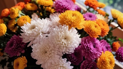 Colorful dahlia flowers for sale at a flower market. Springtime Concept with Copy Space. Mothers Day Concept.