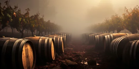Fotobehang Small group of wine barrels enveloped in fog © Malika