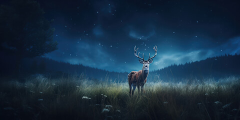 Moonlit night revealing a deer in an open field