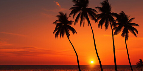Beachside palm trees silhouetted against the setting sun
