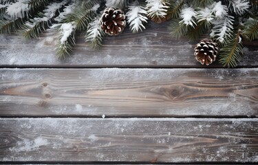 wooden christmas winter holiday background with snow, tree branch and cone for greeting card decor