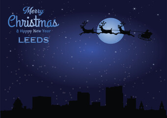 Christmas and New year dark blue greeting card with Santa Claus silhouette and black panorama of the city of Leeds