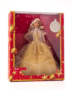 Udine Italy 15 November 2023. box with Barbie doll thirty-fifth anniversary. game for little girls. White background