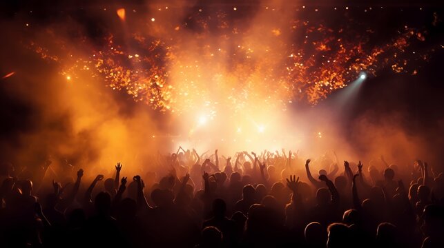 Crowded concert festival with scene stage orange and yellow lights. Generated AI.