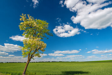 Lonely blooming acacia tree in a field and clouds. Minimalism. spring season