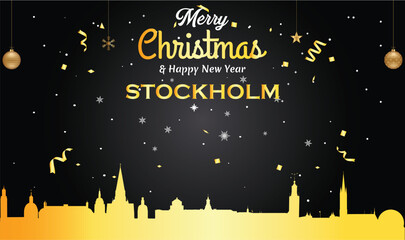 Christmas and New year black greeting card with golden panorama of the city of Stockholm