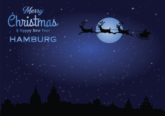 Christmas and New year dark blue greeting card with Santa Claus silhouette and black panorama of the city of Hamburg