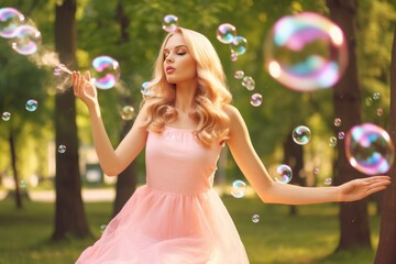 Dreamy outdoor portrait of young lady interacting with shimmering soap bubbles in nature