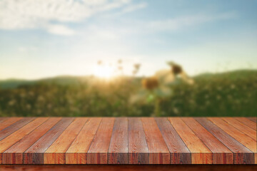 Empty wooden table view of sunset or sunrise on meadow background.