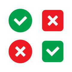 Green tick and red cross checkmarks flat icons. Yes or no symbol, approved or rejected icon for user interface. - obrazy, fototapety, plakaty