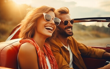 Young couple traveling in a cabriolet and having fun along the road on a sunny day - obrazy, fototapety, plakaty