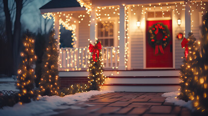Exterior Home Decorated for Christmas with Christmas Lights 