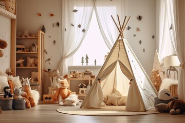 Wall adorned with colorful bird ornaments, teepee in sunlit kids playroom. Vibrant children room with artistic touch. - obrazy, fototapety, plakaty