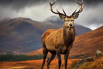 Majestic deer stands tall amidst mountain landscape during rainfall. Wildlife and nature.