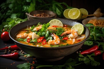 Bowl of spicy seafood noodle soup garnished with fresh herbs. Gourmet meal presentation.