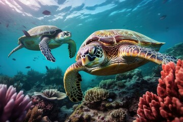 Obraz na płótnie Canvas Sea turtle family swimming gracefully amidst a vibrant coral reef. Marine life