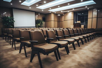 Spacious conference hall with rows of empty chairs.