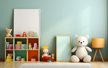 Empty square frame mockup and colorful shelf in children room with copy space