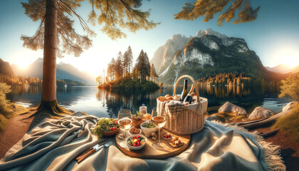 Lakeside Romantic Picnic. A soft blanket lays spread with a basket of gourmet treats, fresh fruits, and chilled wine, inviting a peaceful, intimate moment amidst the golden hour glow.