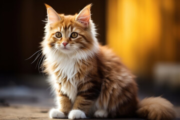 Naklejka na ściany i meble Independent little red and white kitten of Norwegian forest cat, with fluffy longhair fur sitting near the wall. Concept of calming with animal-assisted therapy.