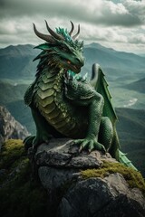 A big beautiful green dragon with wings on top of a mountain in nature. 2024 year concept