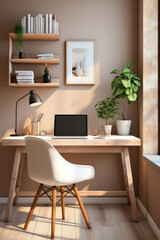 Cozy interior of a modern workplace with a laptop at home in Scandinavian style
