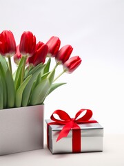 Bouquet of red tulips and gift box on white background.