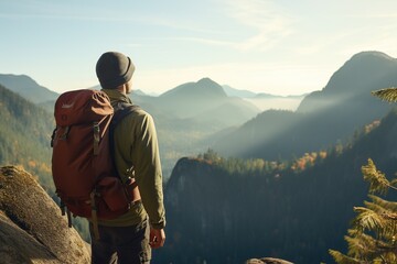 Hiker with backpack. Nature tourism and hiking. - obrazy, fototapety, plakaty