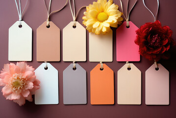 Obraz premium Multicolored labels or labels and flowers on the pale background