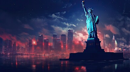 Skyline of New York city at night, generative AI . - obrazy, fototapety, plakaty