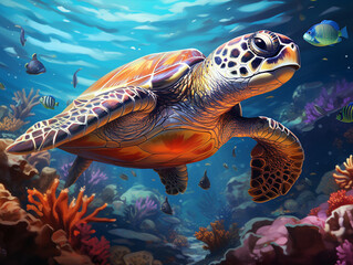 Illustration of a turtle swimming in the coral reef. Sunlight from above warm colors. Surrounded by other sea life.

