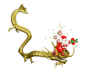 Obraz premium 3d gold santa claus riding a dragon with gift bag, gift box, megaphone or hand speaker, announce promotion news. merry christmas and happy new year, 3d render illustration