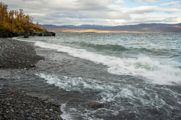 Waves crashing to the shore of the Torneträsk lake on a windy autumn day in Kiruna Municipality, Lapland, Norrbotten County in Sweden, in the Scandinavian Mountains.
