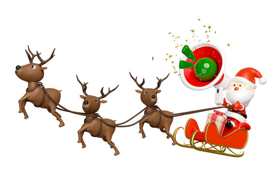 3d reindeer with Santa Claus, sleigh, gift box, megaphone or hand speaker, announce promotion news. merry christmas and happy new year, 3d render illustration