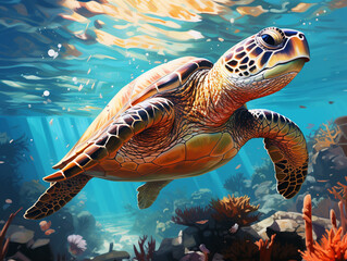 Illustration of a turtle swimming in the coral reef. Sunlight from above warm colors. Surrounded by other sea life.
