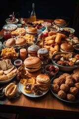 Table full of unhealthy junk food – burgers, chips, potato, white bread, flatbread, snacks and soda drinks. 
