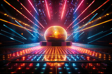 Discotheque or club stage with a shimmering disco ball and neon flashing lights. - obrazy, fototapety, plakaty