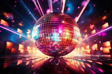 Disco ball against bright lights background.	

