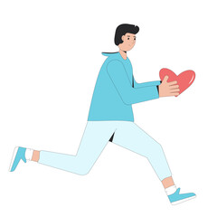 Man running and holding in his hands gift in heart shape. Valentine's Day present. Care and love