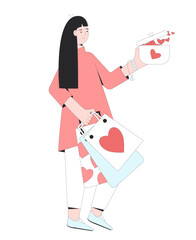 Woman holding gifts, shopping bags in heart shape.