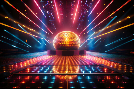 Discotheque or club stage with a shimmering disco ball and neon flashing lights.
