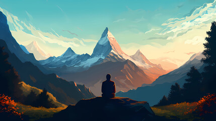Illustration of a man practicing meditation, yoga, relaxation in her calm mountains, with tranquility, peaceful mind, well-being and serenity - Generated by Generative AI - obrazy, fototapety, plakaty