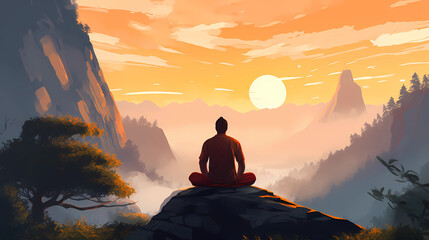 Illustration of a man practicing meditation, yoga, relaxation in her calm mountains, with tranquility, peaceful mind, well-being and serenity - Generated by Generative AI - obrazy, fototapety, plakaty