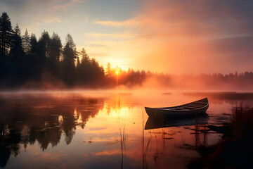 Tranquil sunrise on a lake with reflection, boat in foreground.