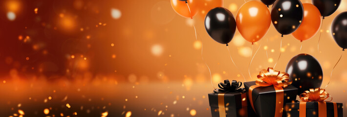 Black balloons on an orange festive background