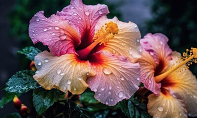 Hibiscus flower with water drops on petals after rain. Spring Flowers. Springtime Concept with Copy Space. Mothers Day Concept.
