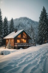 Wooden house in a white winter forest with tall pine trees in the evening.