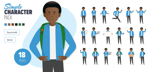 Simple flat black male teenager student vector character in a set of multiple poses. Easy to edit and isolated on a white background. Modern trendy style character mega pack with lots of poses.