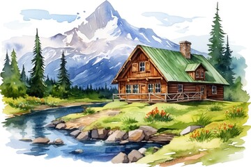 Fototapeta na wymiar Nature mountains cabin house cottage home green wooden forest summer landscape travel building