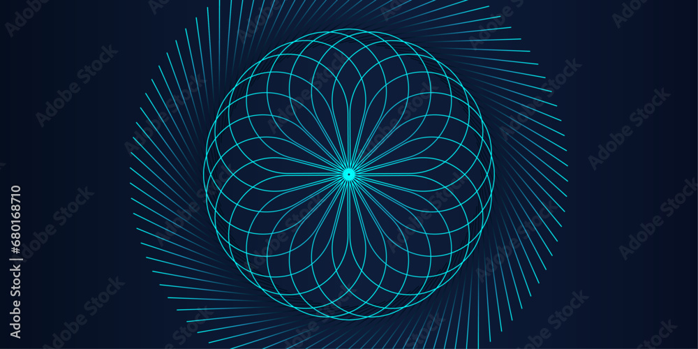 Aufkleber Abstract fractal burst background with blue green light lines weaving pattern in circle shape isolated on black background. Modern technology design concept, science, music. Vector illustration.